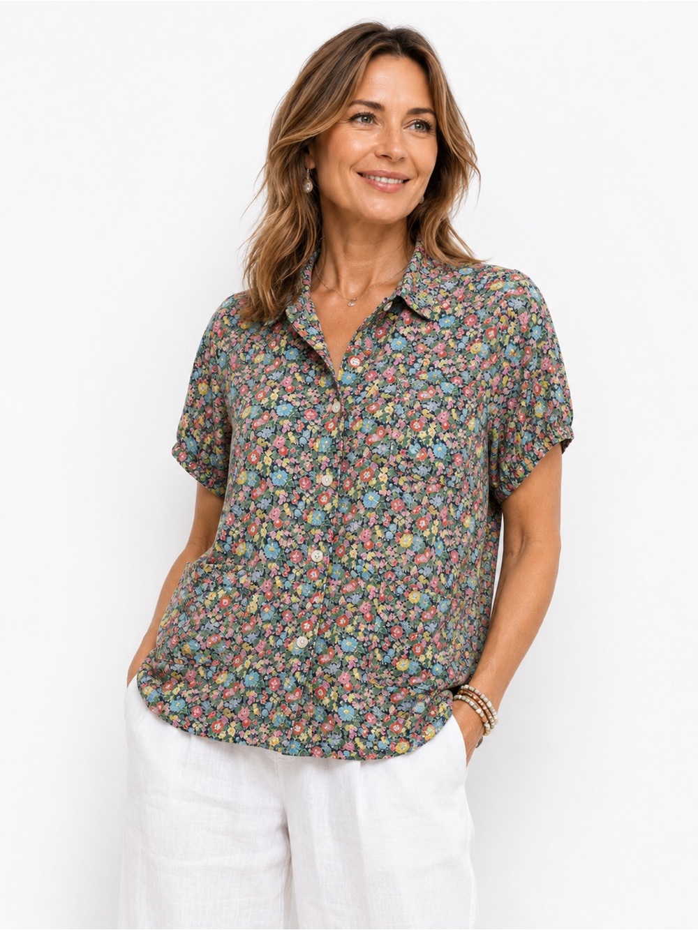 Ann Mashburn Tomboy Popover Shirt Liberty Fabric Collared Button Floral pockets